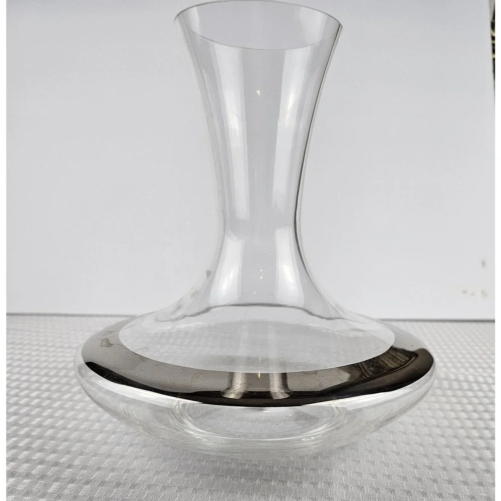 Modern Glass Wine Decanter with Silver‎ Band Accent Clear Flared Carafe 8.5in
